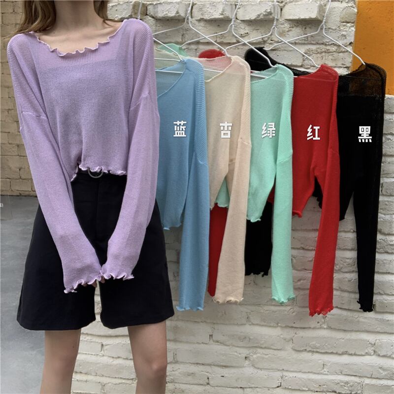 2020年夏の新しいワイルドルーズ薄い日焼け止めショートニットセーターエアコンシャツ長袖Tシャツトップ女性イン 1号婦人72914969768