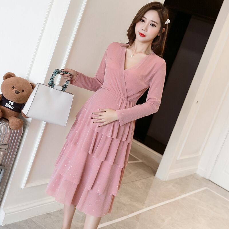 【新作】【送料無料】 マタニティドレス2019春と秋のバージョンの新しいマタニティドレスファッションスパンコールメッシュマタニティドレス缶授乳-アリババ スプリング 春物 オータム 秋物 expec255765998104