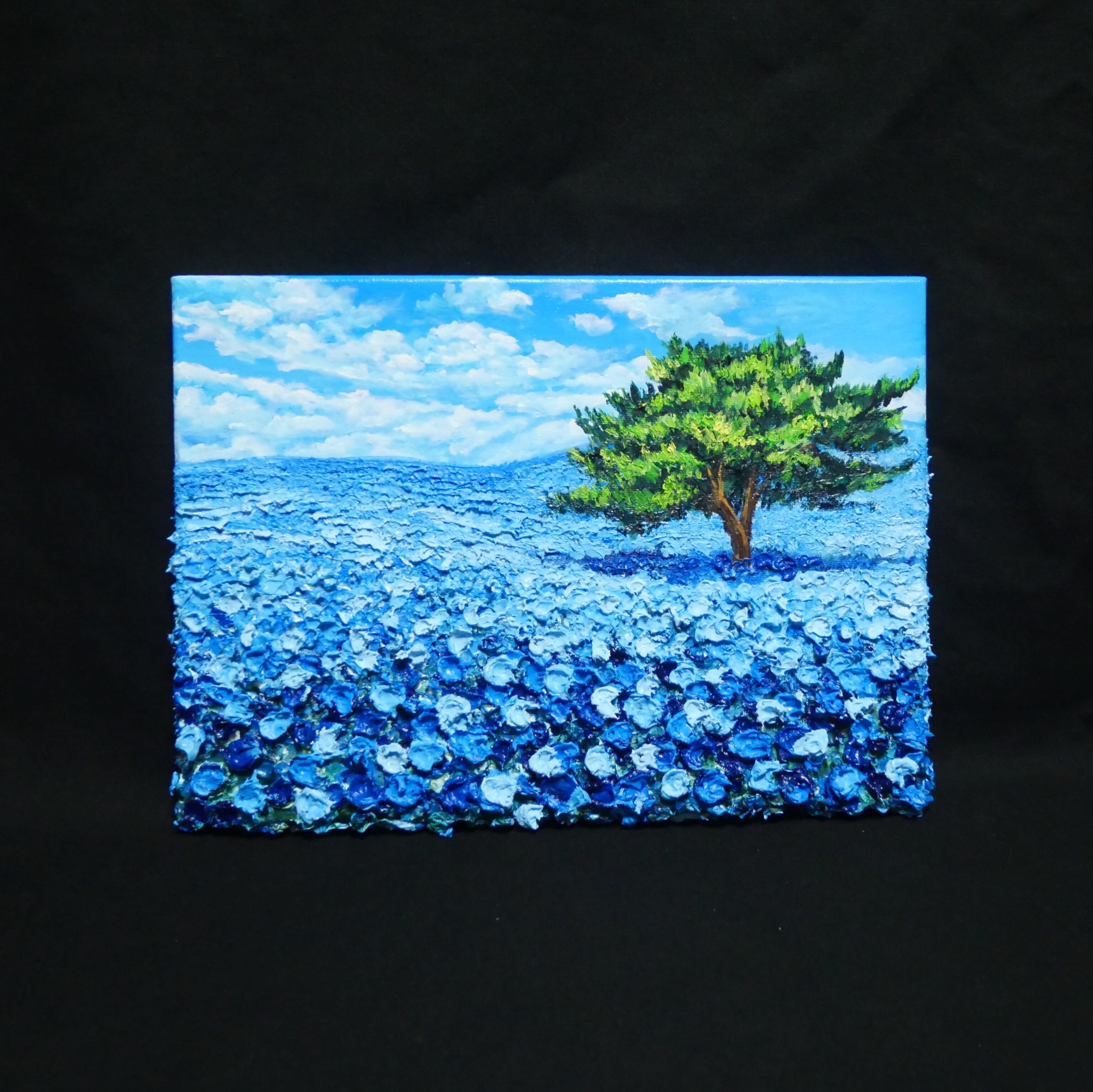 静寂の木　油彩画 木 青色系 原画】静寂の青に溶ける、ネモフィラの丘と一本の木 | HIROSHI1990