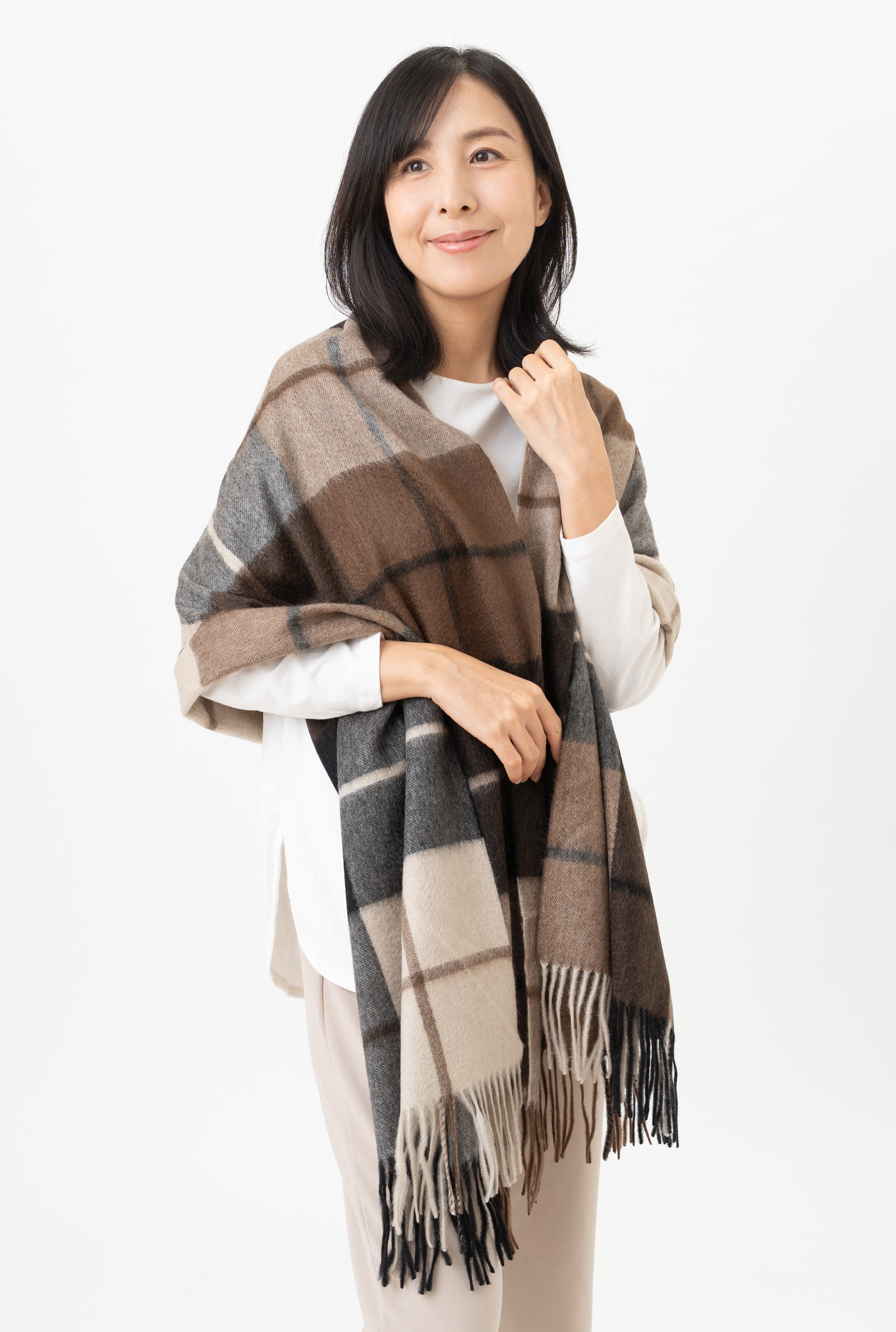カシミヤ100%大判チェックストール Kamogawa - カモガワ/ブラウン 幅60cm×縦180cm(本体部分)+10cm×2(房部分)