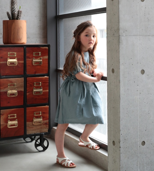 サイドリボンパフ袖ワンピース<Blue>