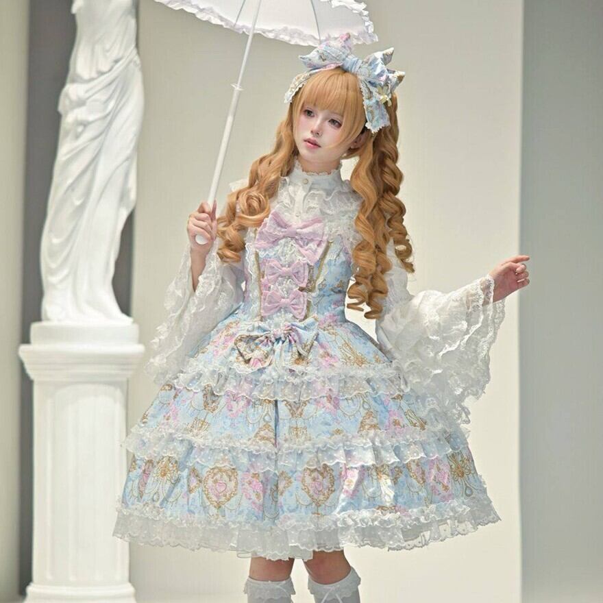 甘ロリ 花柄 JSK ピンク×パープル 多層フリル レース 姫系 ロリータ