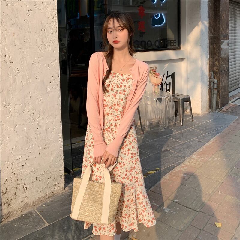 ワンピースドレス スプリングサマースタンダードフローラルスカート ウェストスリム レッド レトロ 春物 夏物 花柄 1号婦人16954056747