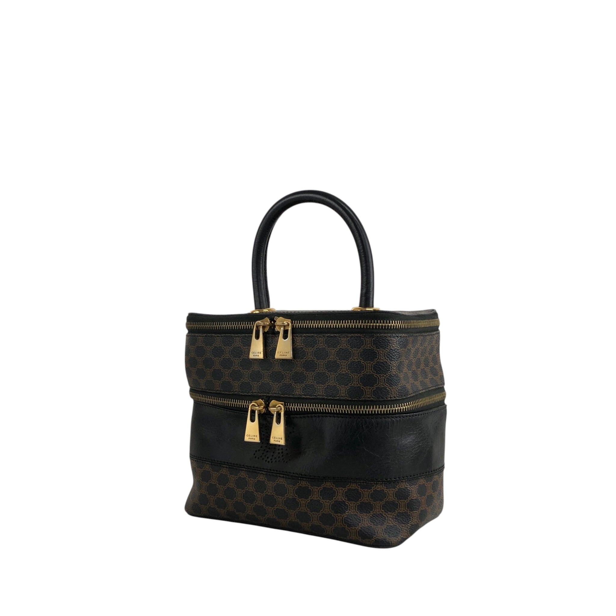 CELINE セリーヌ マカダム ハンドバッグ ブラック PVC レザー バニティ