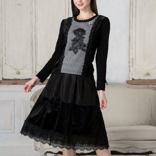 スーパービューティー セーター ベロア グレンチェック柄 胸元レース使い 2521029 ブラック 2025年秋冬 オーラボー Super Beauty 大人かわいい服 大人スタイル キレイメ レディース アパレル 女性 M L LL 30代 40代 50代 60代