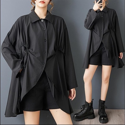 新品 大きいサイズ 春 秋冬 黒 変形 アシンメトリー シャツ チュニック