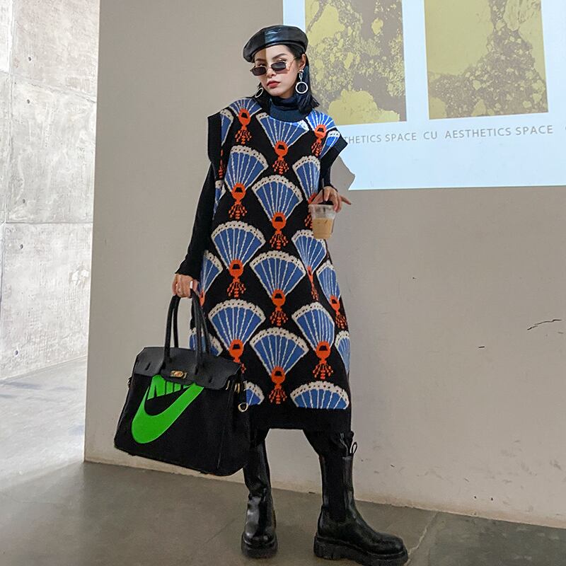 ジャカードセーター レディースルーズオータムウィンターニットドレス 秋物 冬物 ラブタオタオダレンハウス13381234895