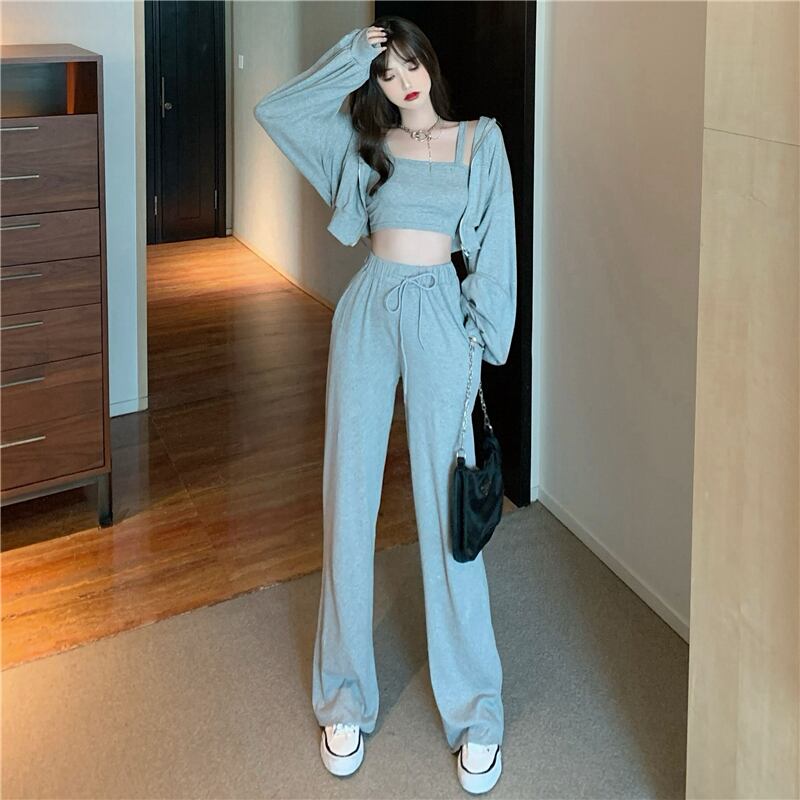 レディーススプリングルーズフードジャケット ハイウェストウェストワイドレッグ 春物 ワイドパンツ ドラファッションホール15726233223