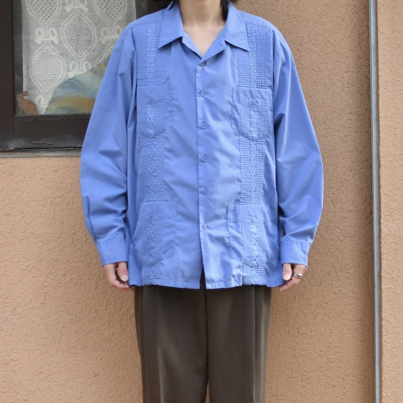 embroidery design long sleeve cuba shirt blue