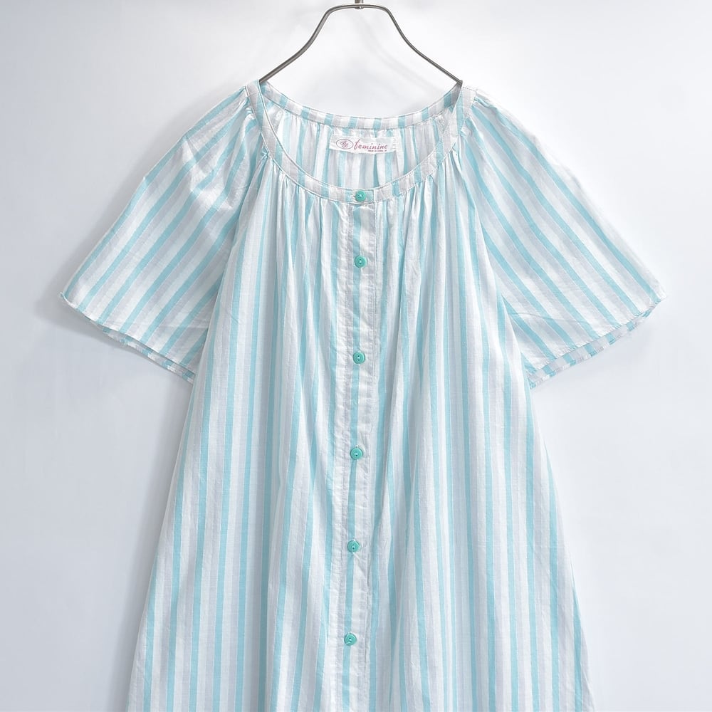 feminine ストライプ フレアスリーブ ロング シャツワンピース USED ヴィンテージ ビンテージ 古着 レディース Mサイズ