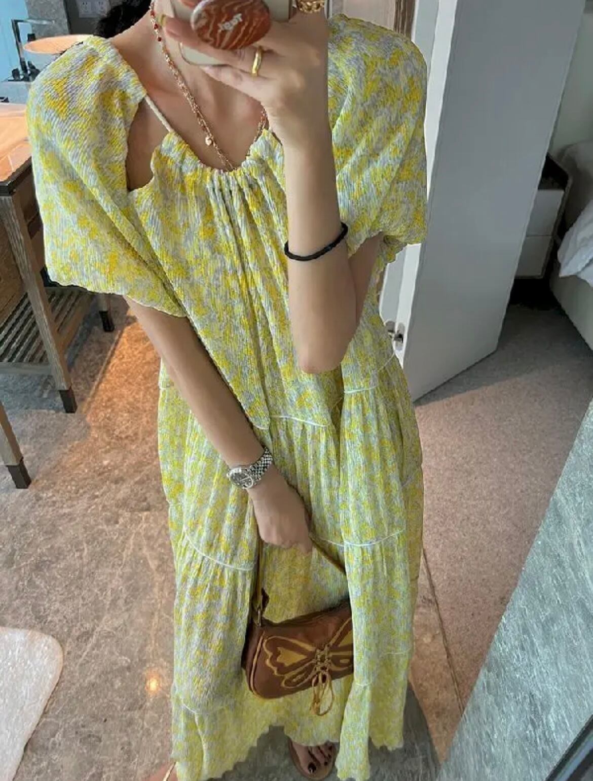 フロントギャザーイエローロングワンピース