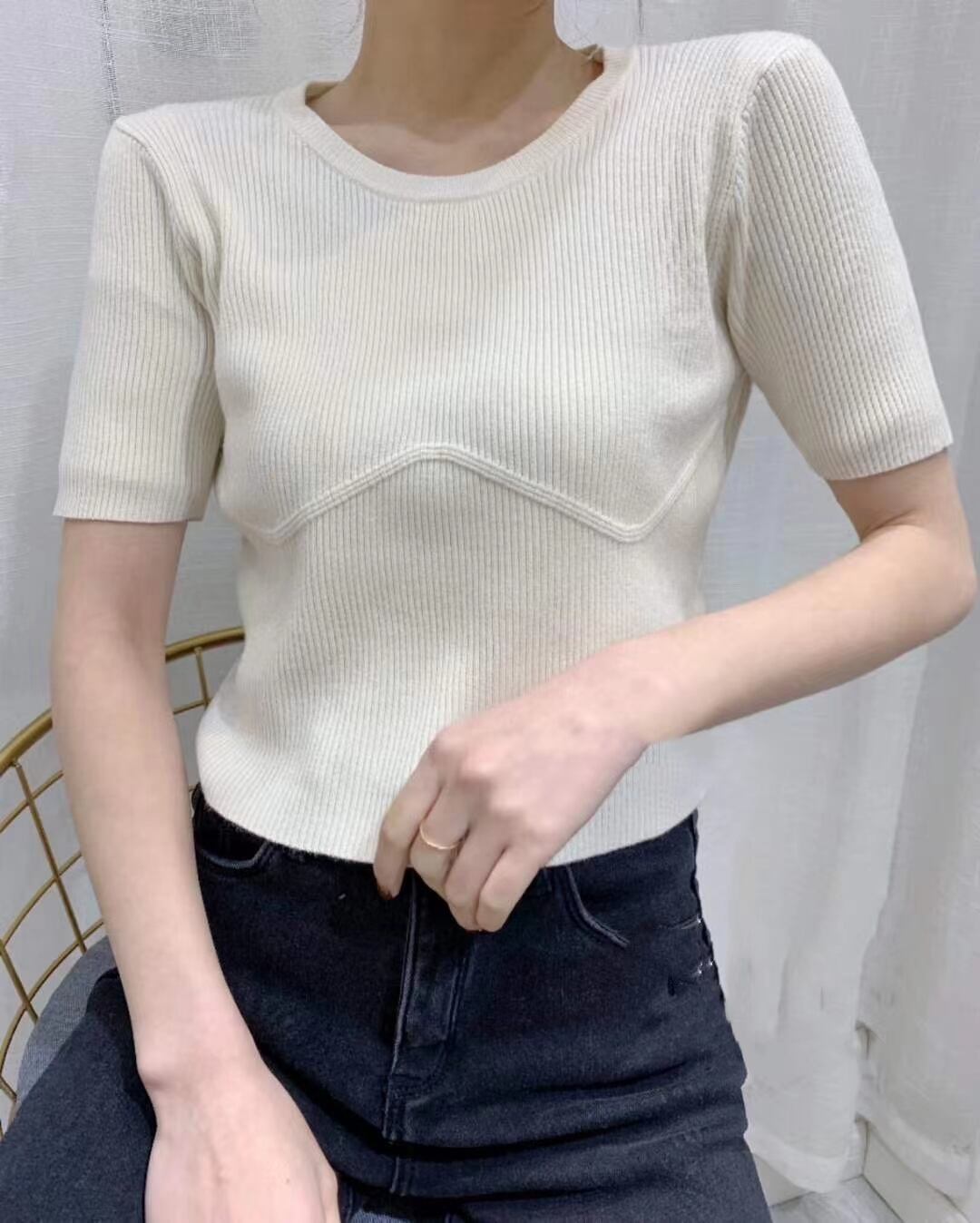 切り替えデザイン　5部袖ニット  AJ−111-567