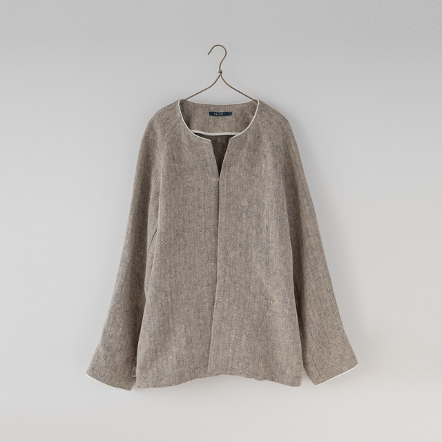 new：unisex no collar jacket／herringbone linen〈dark-brown×ivory〉size 2