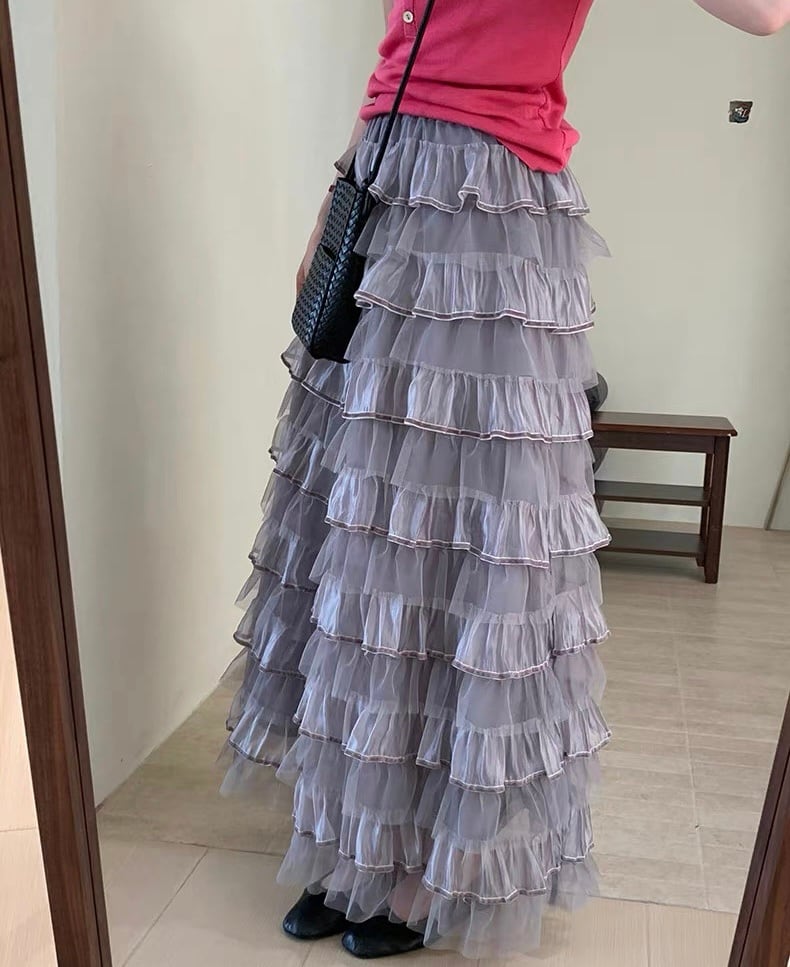 Tulle Tiered Ruffle Long Skirt 【M260081】 | Molabella