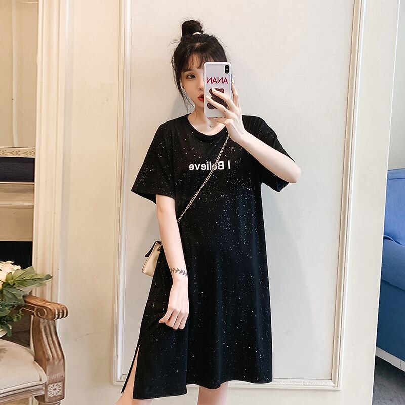 【新作】【送料無料】 マタニティウェア2020夏の新しいファッションスパンコールレターTシャツスカート年齢削減ミドル丈ラウンドネックマタニティトップ-アリババ サマー 夏物 Oネック expec245264505542