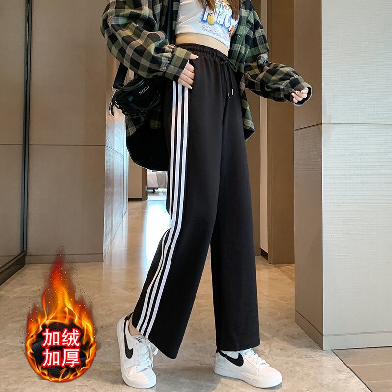 【新作】【送料無料】 グレーのスウェットパンツの女性のズボン春と秋のルーズカジュアルな秋と冬のベルベットのスウェットパンツワイドレッグレギンス 0334664090467