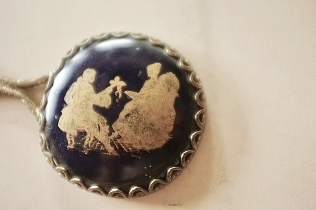 フランス 濃密なペルシャンブルーに漂う紳士淑女の手鏡 ヴィンテージ