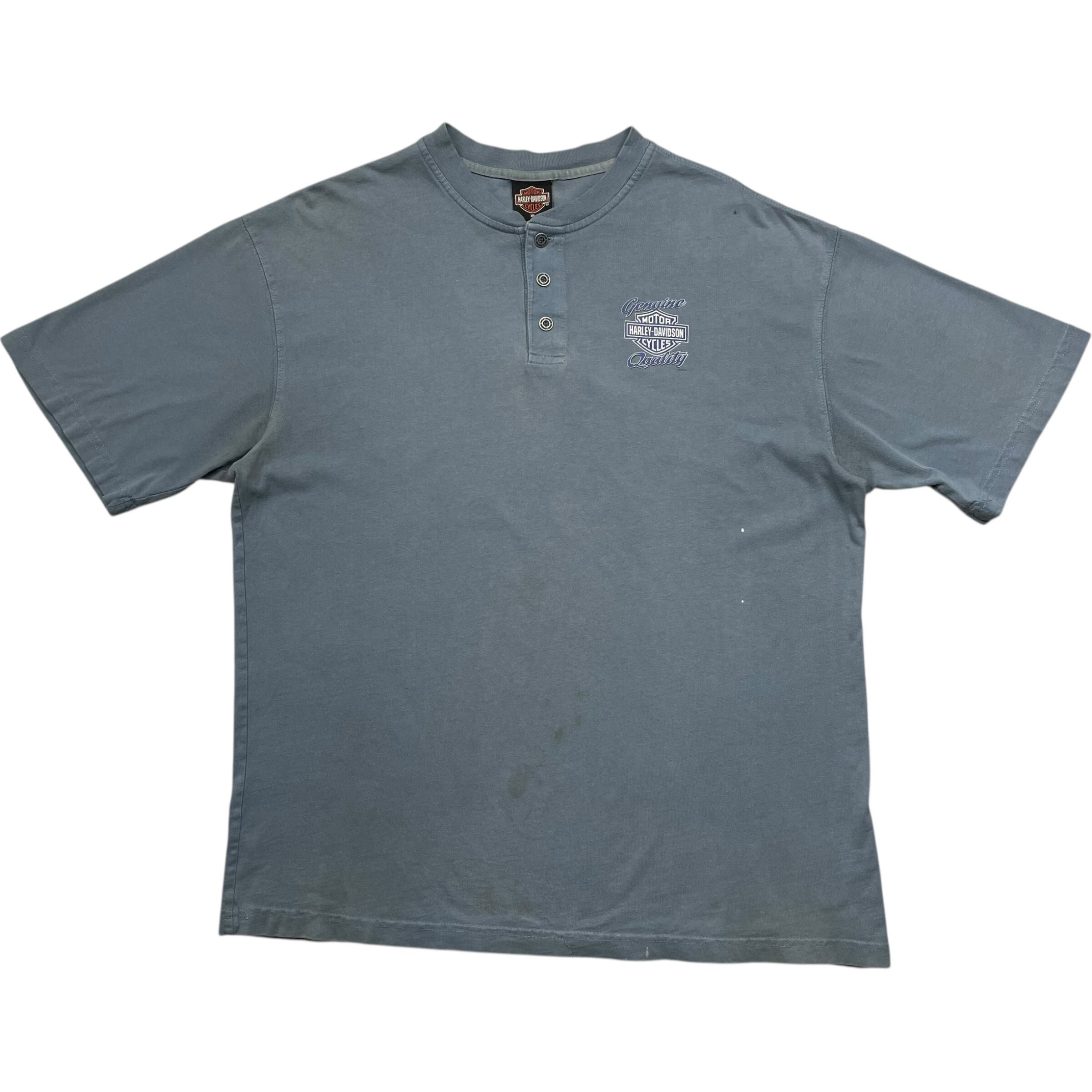 《XL》 Harley-Davidson ハーレーダビッドソン Tシャツ 両面プリント ワンポイント ヘンリーネック ブルー no.7583