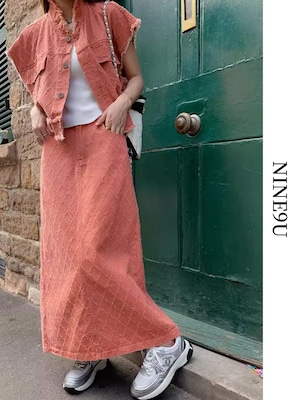 vest＆long-skirt denim rhombus 2set【NINE7827】