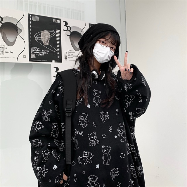 ゴスロリ通販 With U トレーナー 裏起毛 bear くまちゃん プリント かわいい カジュアル ストリート系 原宿系 韓国ファッション ゴスロリ服 病み服