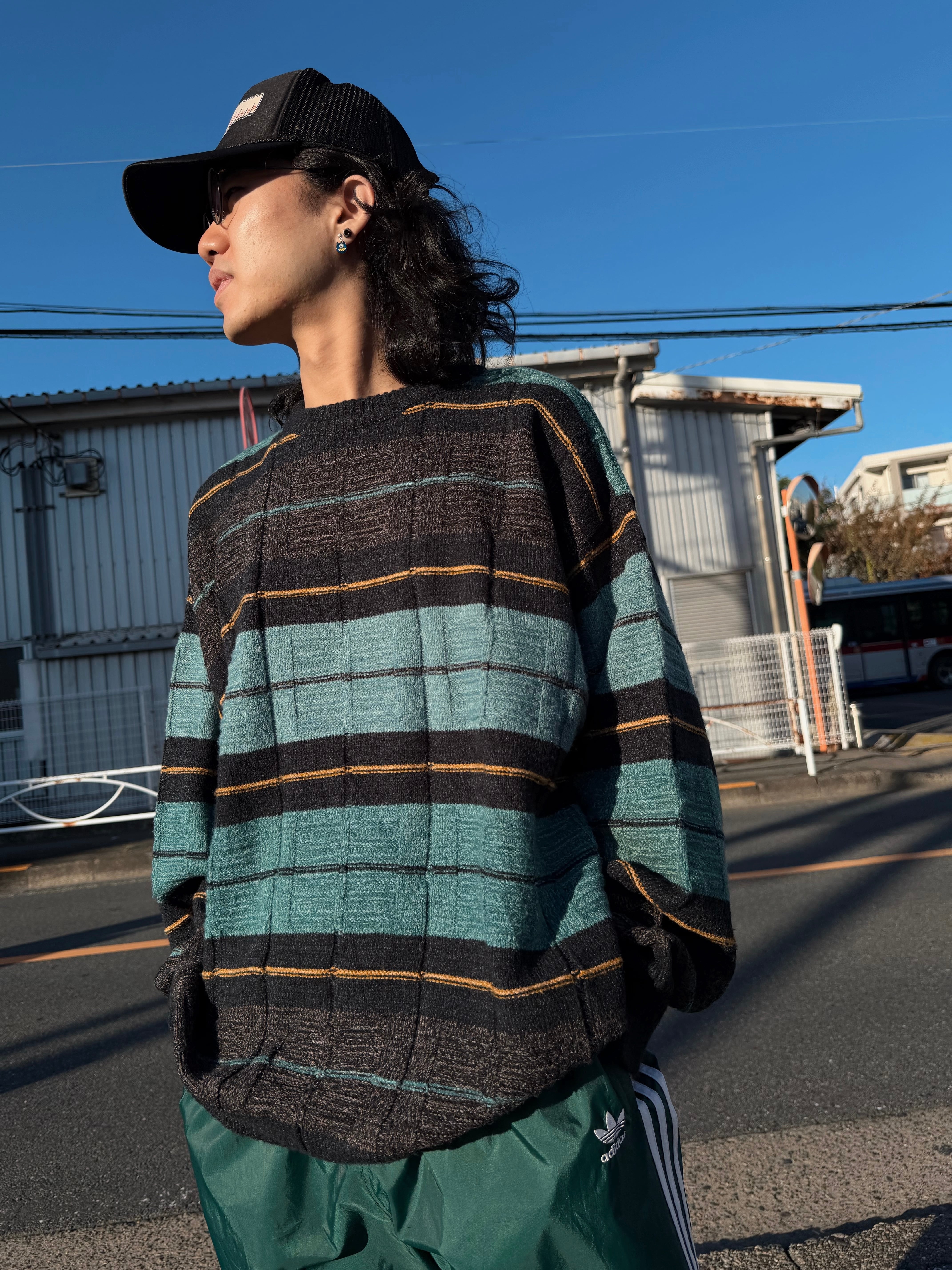 (KN559)Multi border knit sweater made in Italy