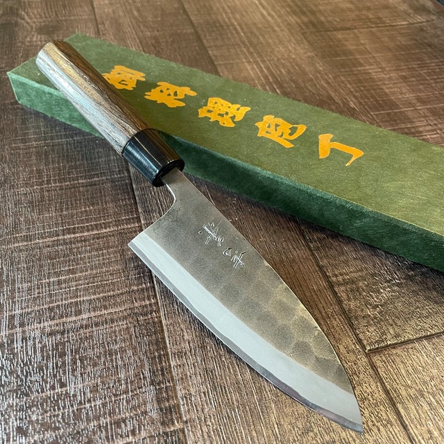 "YOSHIKANE" Black Forged 120mm ajikiri Knife （thin deba knife） with roasted chestnut wood handle - Crafted by Tsuneo Yoshida old stock