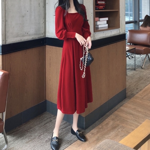 ワンピース レディース ドレス ロング マキシ 袖付きワンピース パーティードレス ロングドレス マキシワンピース レトロ クラシカル スクエアネック 秋 冬 秋冬 春 ブラック 黒 ボルドー ワインレッド ベロア ロングワンピース C Oaw1043 Lluvia