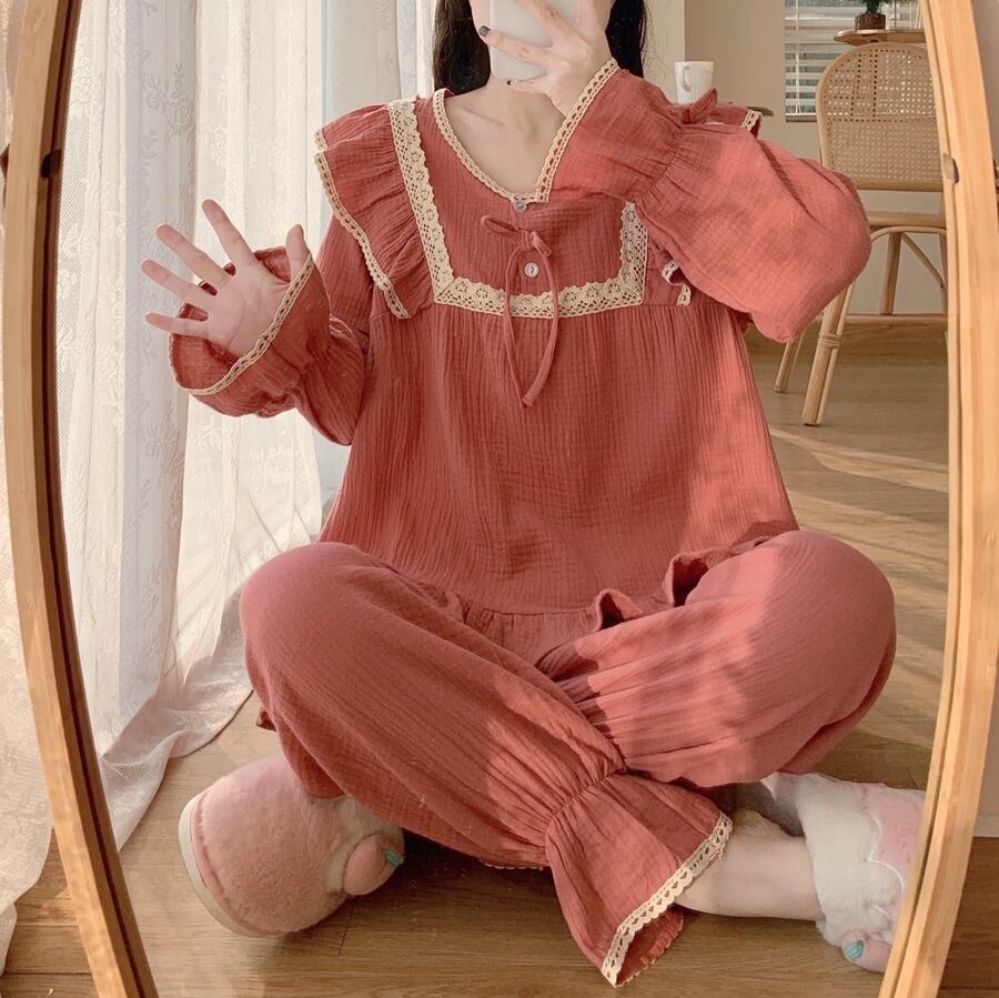 レースVネックレディースオータムスタイルスタンダード ロング コットン レトロ 秋物 ピュア 萌量不足97213021487