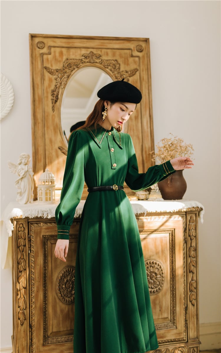 ドレス ワンピース 長袖 襟付き 無地 レトロ ウエストマーク グリーン