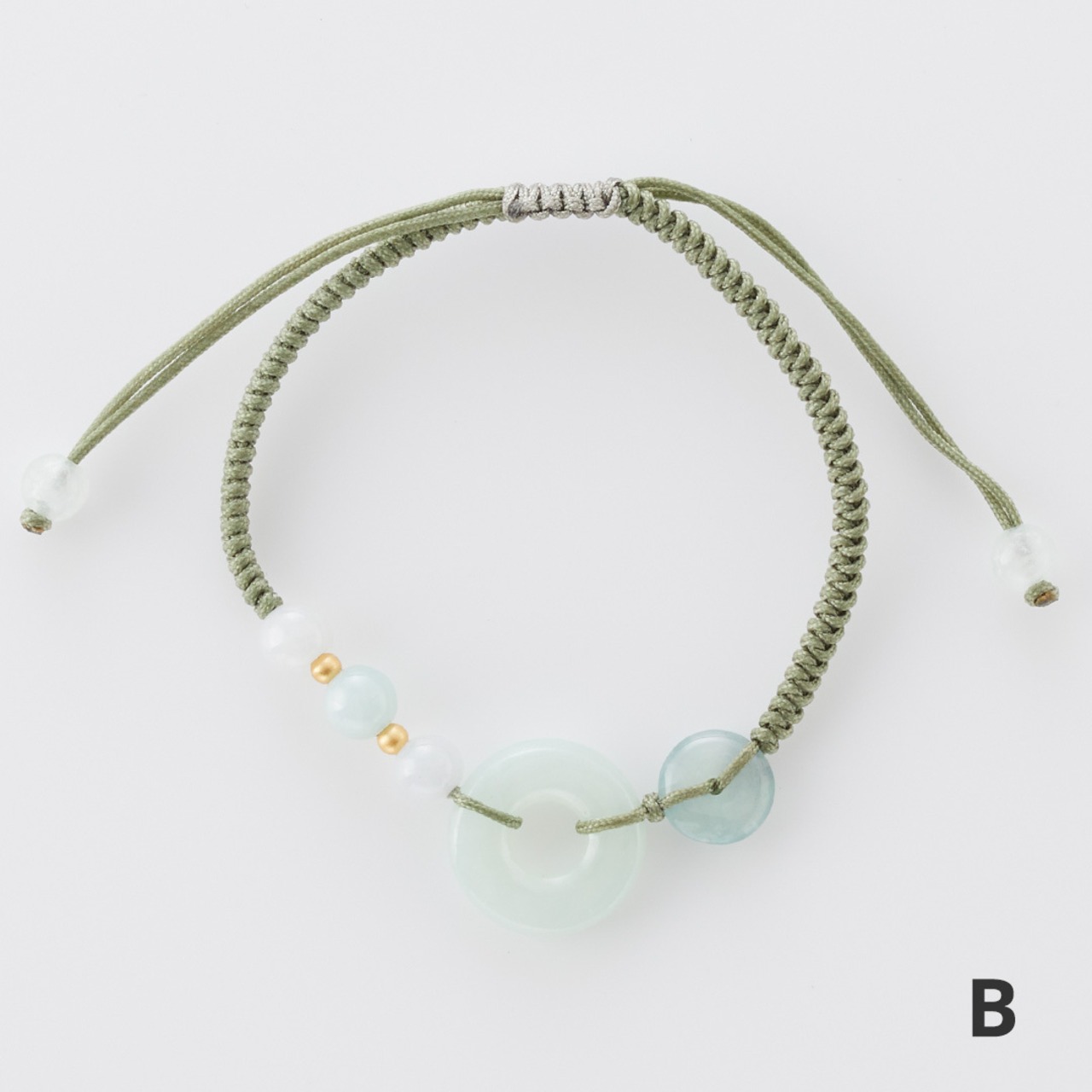淡いグリーン色翡翠が綺麗！ hekiデザイン紐ブレスレット 白×緑 A貨翡翠 jd_br1083