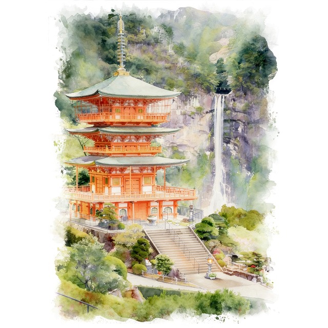 絵画 日本 和歌山県 那智大社の風景 インテリアアート額付き 水彩画・油絵風 WAT0098