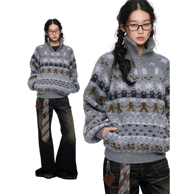 [JIKOO] Retro High-Neck College Sweater