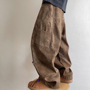 ヒョウ柄ポケットブラウンルーズフェイクレザーパンツ　1129