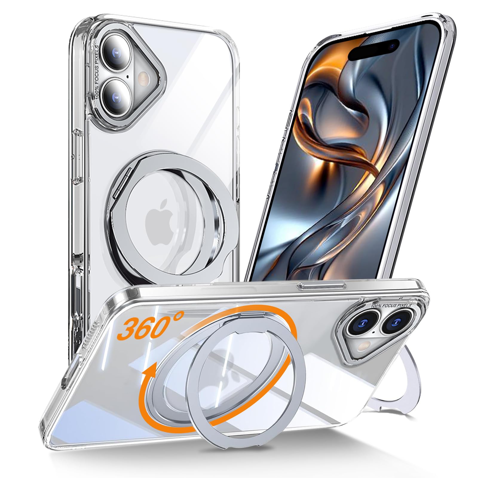 DOMIAMIA iphone 16 用 ケース magsafe対応 ワイヤレス充電 iphone16 透明ケース 耐衝撃 360°回転スタンド 縦横両対応 アイフォン16 カバー マグネット搭載 防指紋 米軍MIL規格 透明 すり傷 防止黄ばみ 6.1インチ