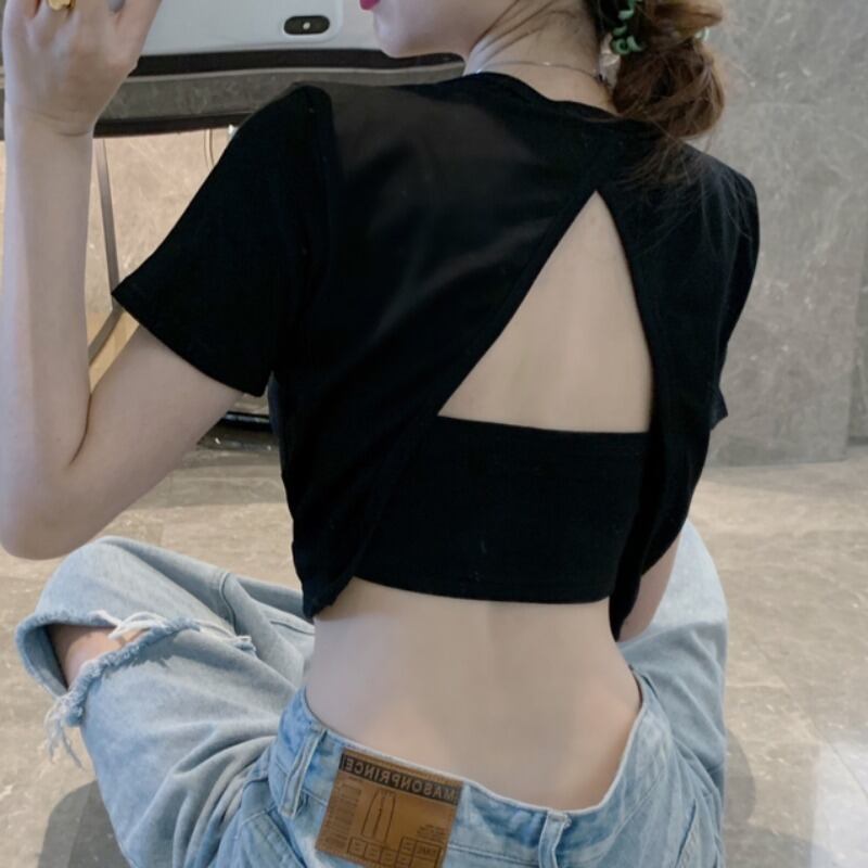 サマーショートVネックホルターTシャツ トップス 夏物 ハンチェンe60722786055