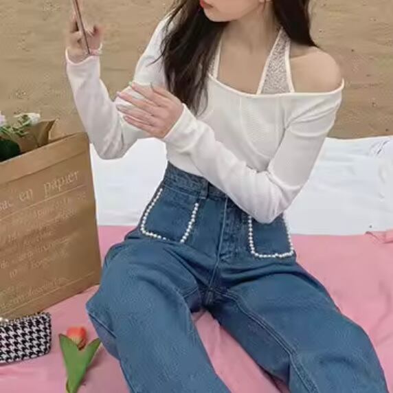 ガーリーパールストレートデニム