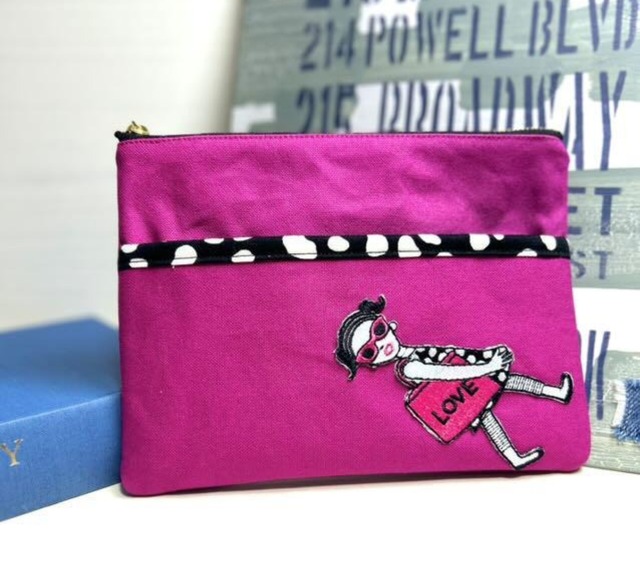 派手可愛い girlワッペンフラットポーチ ピンク×ダルメシアン［SYS-002］