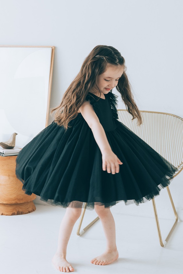 back ribbon tulle dress〈Black〉