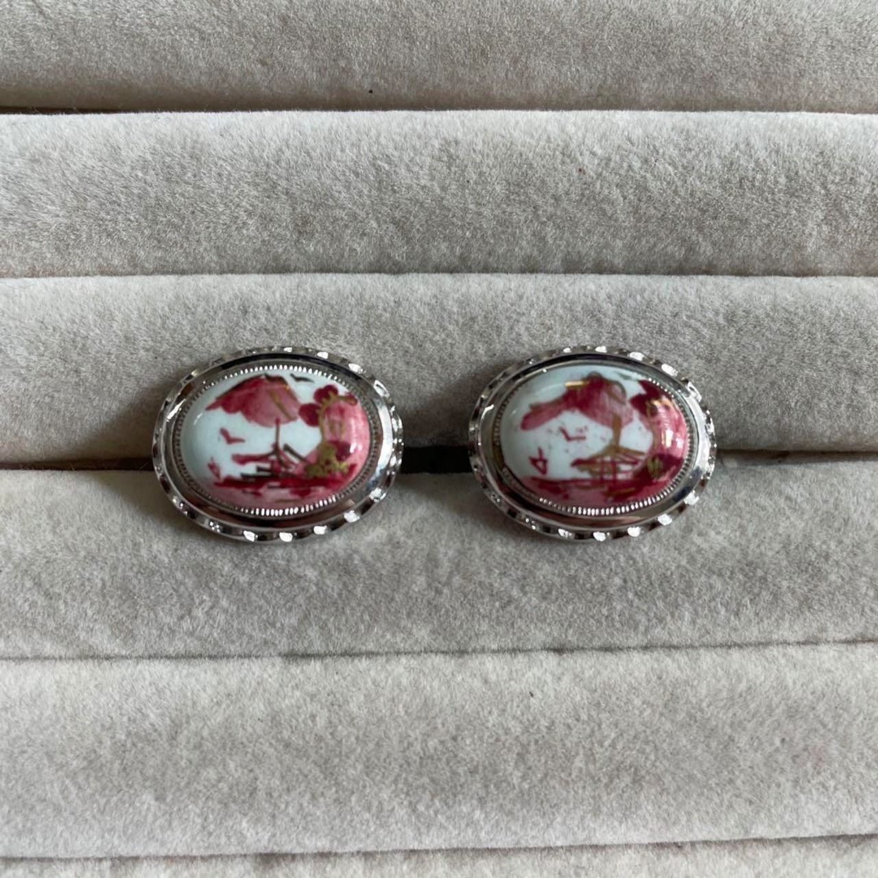 ヴィンテージ　陶器製　風景柄　カフリンクス