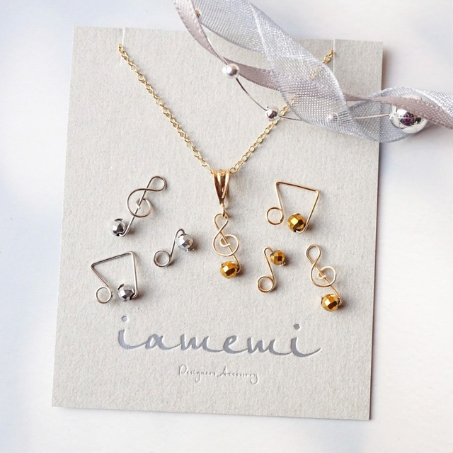 【ネックレス】「小さな音符」ヘマタイト ト音記号 シルバー ゴールド 天然石 14kgf アレルギー対応 音楽 発表会 結婚式 フォーマル