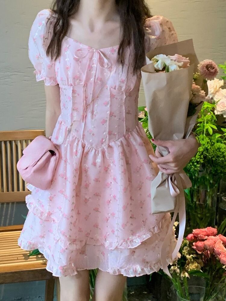 22 夏 スイート Y2k ミニドレス パーティー 花柄ワンピースドレス 半袖 フレンチヴィンテージドレス ショート ハーフスリーブ 大人ガーリー スウィート キュート カジュアル サマー 夏物 ビンテージ 服レディース Bae On Fleek ファッション