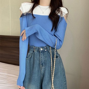 肩出し 配色 ニット トップス レディース 春秋冬 韓国 大人 かわいい きれいめ おしゃれ リブニット フェミニン ストレッチ 大人可愛い 大人女子