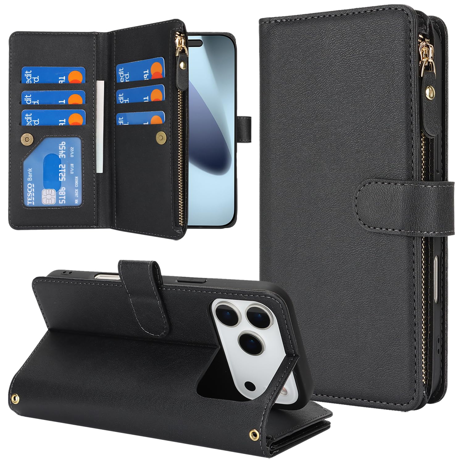 for 用の iPhone 17 Pro 18 Pro ケース 手帳型 財布型 携帯カバー ICカード SunYoo ブラック