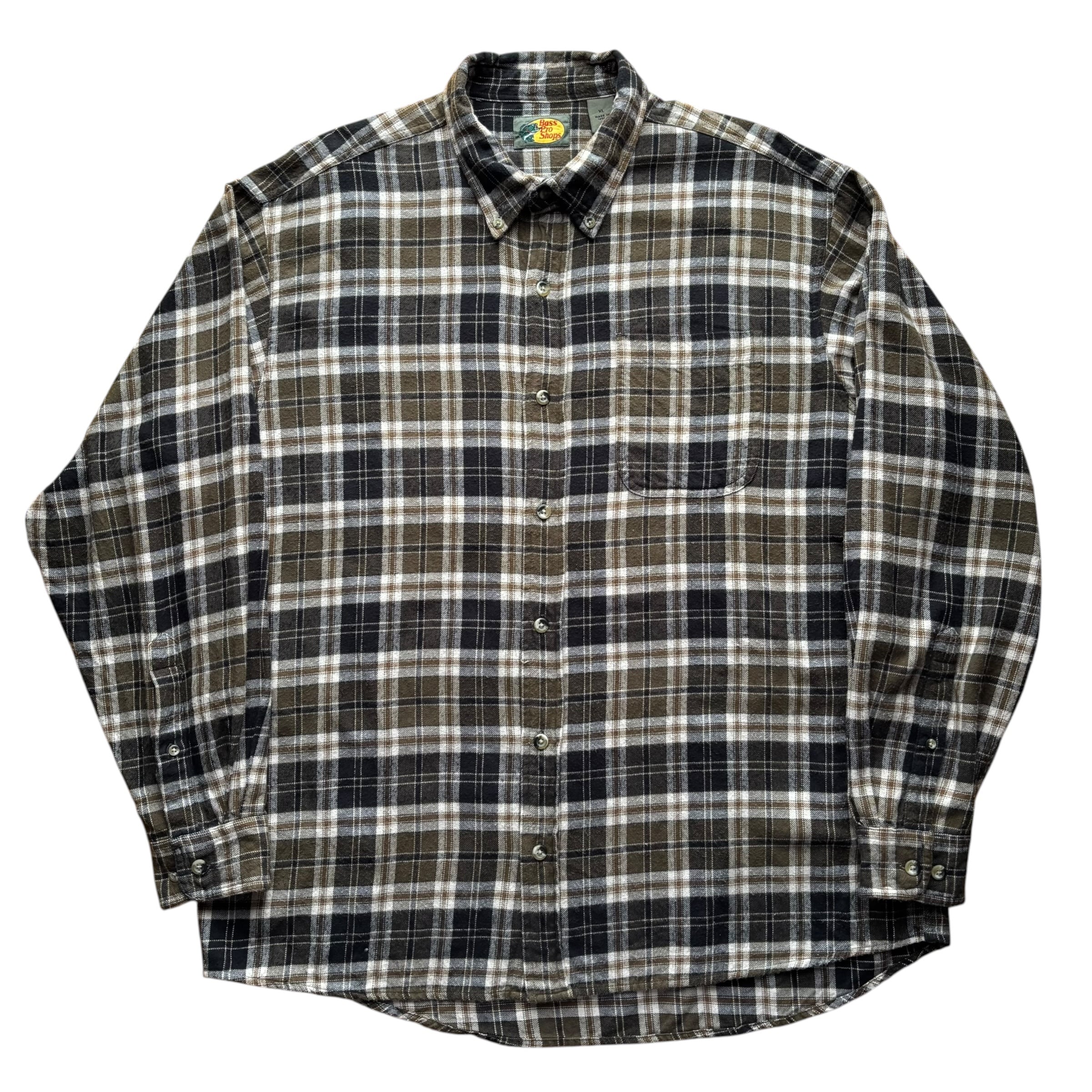 Bass Pro Shops / Plaid Button Down Flannel Shirt / Olive / XL / 90s