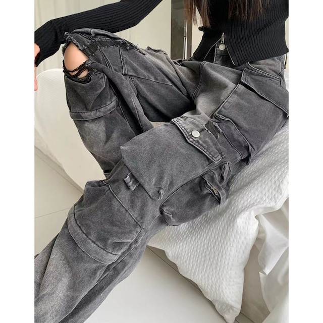 crash-processed wide leg cargo pants la2657