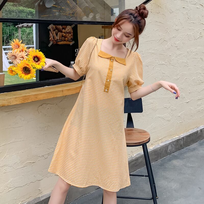 【新作】【送料無料】 マタニティドレス2020夏の新しいチェック柄スクエアネックパフスリーブドレス、年齢を減らすミドル丈のファッションマタニティドレス-アリババ サマー 夏物 スクウェア expec216186834161