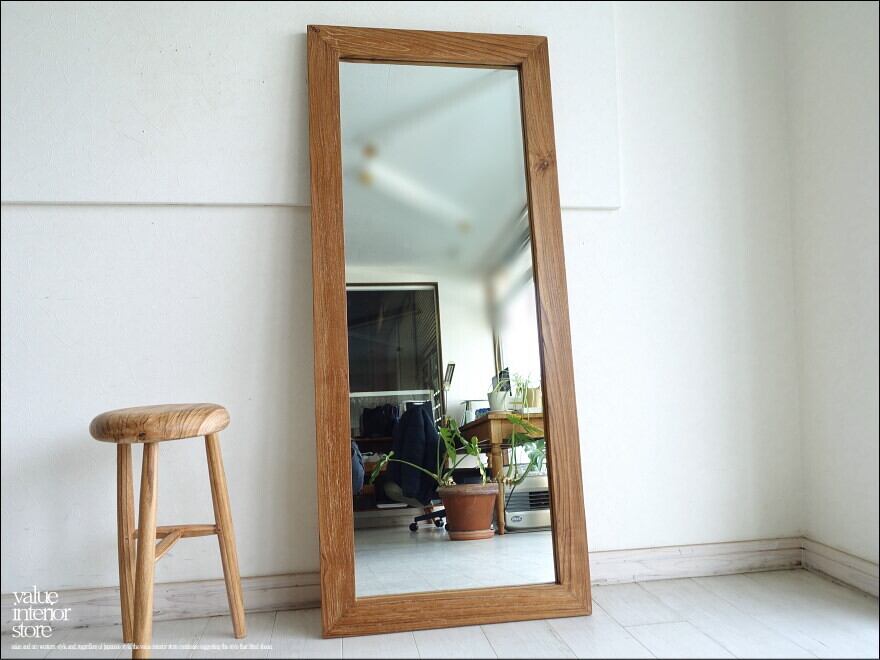 オールドチーク総無垢 ミラー140cm L/32 姿見 鏡 全身鏡 全身用 大型ミラー 古材家具 手作り レトロ 三大銘木 60cm x 140cm
