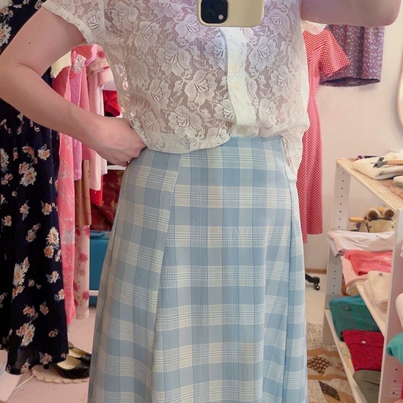 light blue block check skirt