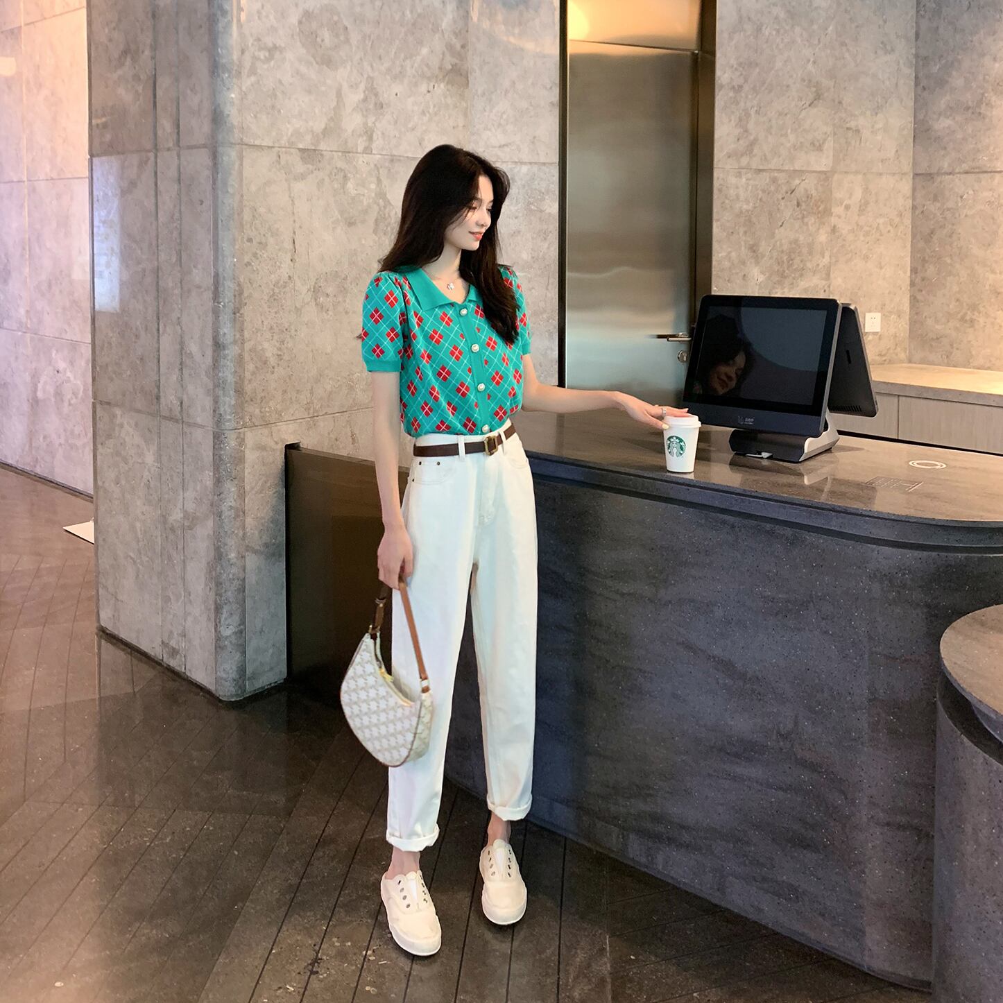 スタンダードグリーン格子柄ニットカラーシャツ レトロ 6Du_Shop_Women7217078413