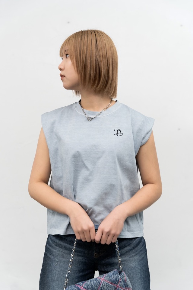 ピグメント刺繍ロゴフレンチスリーブTops/Blue